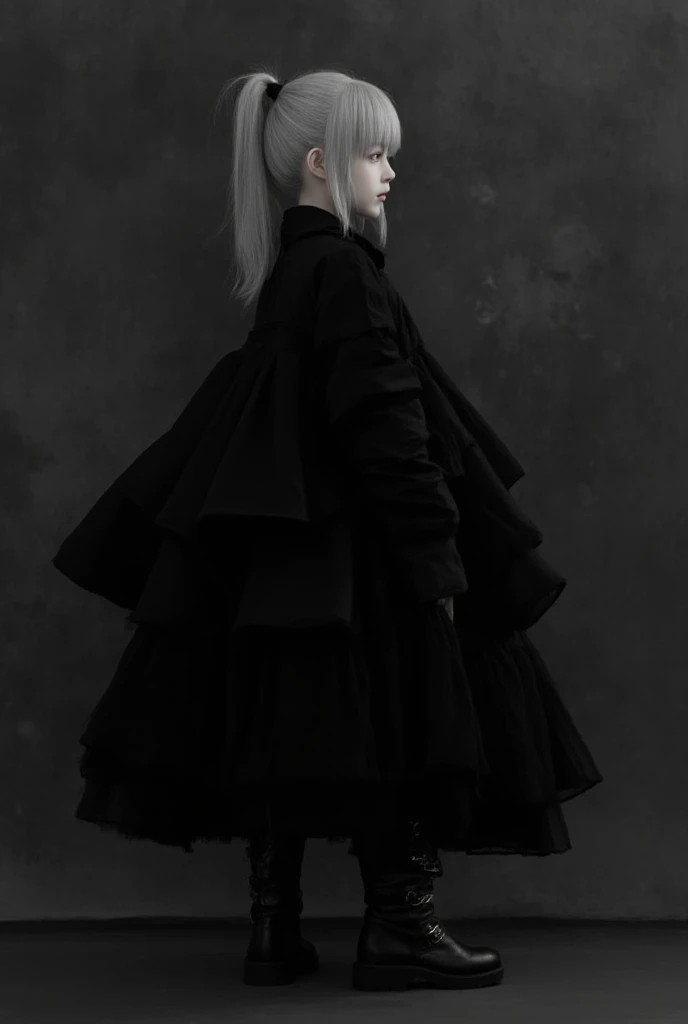 The style is candid image photography with natural textures and highly realistic light, editorial, Image is a digital artwork featuring an anime-style character. The character is a young girl with pale skin and long, straight gray hair tied in a high ponyt...