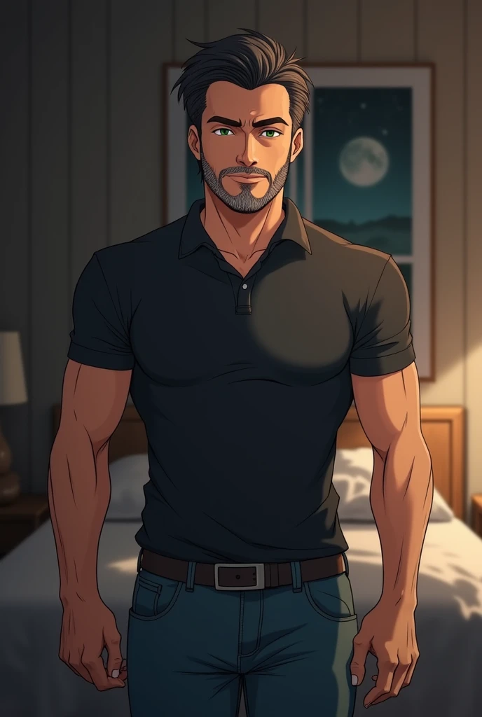 anime style; a middle-aged man with a mature, confident demeanor; medium-length hair; slicked-back hair with dark tone; well-groomed salt and pepper beard; dadbod with a slight muscular frame; broad shoulders; strong and relaxed vibe; striking green eyes t...