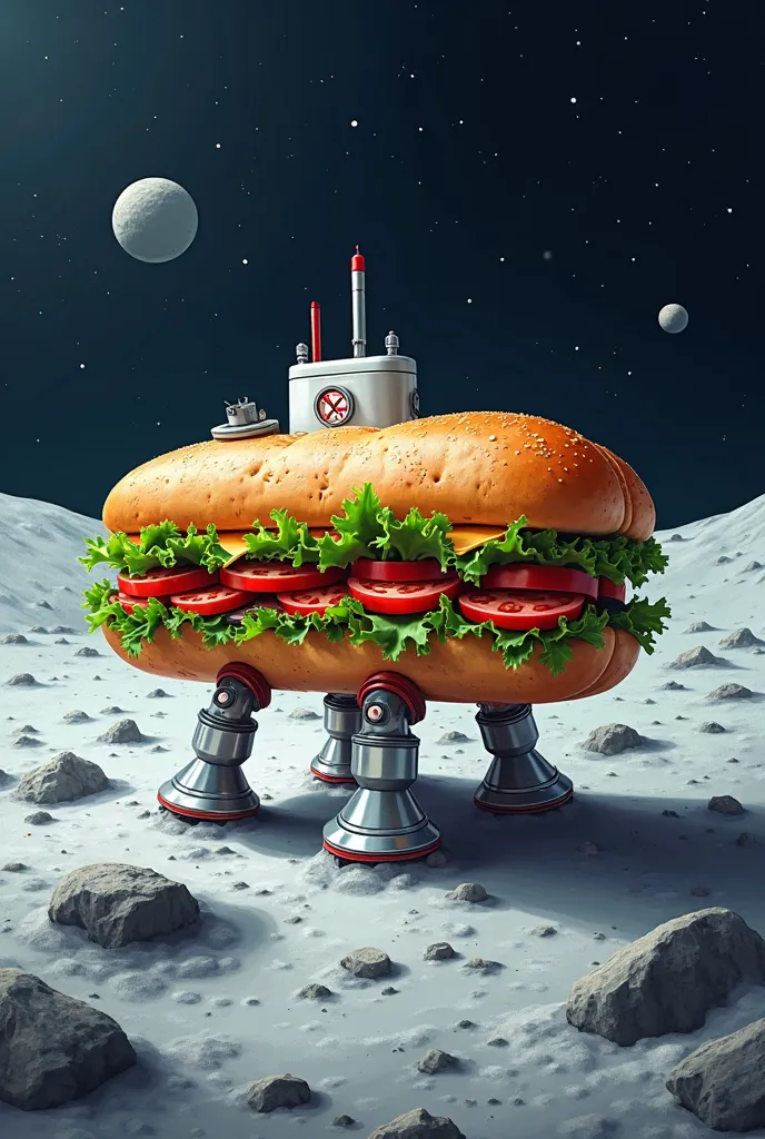 a hero sandwich with lunar lander legs landing on the surface of the moon, outer space, comical, submarine sandwich