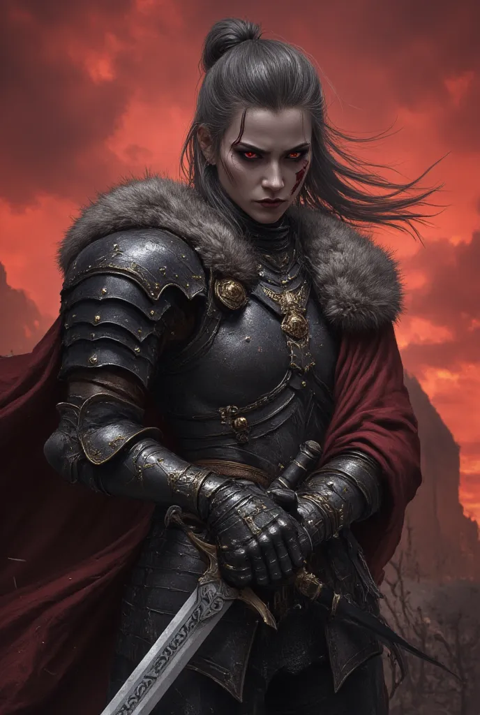 "Realistic portrait of a fierce female warrior, long ash-gray hair tied in a high ponytail with loose strands framing her face, piercing red eyes filled with rage and determination, sharp angular facial features, pale skin with a scar across her left eyebr...