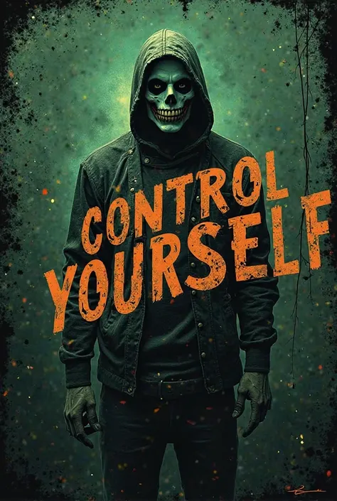 create a photo, punk style, with a Misfits, font a bit focused on horror and green and black colors,  with the phrase "Control yourself"