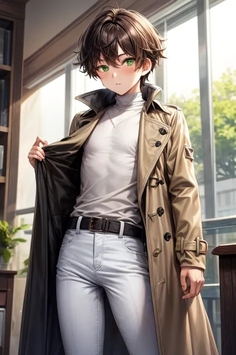 1 boy, medium hair, bangs, brown hair, green eyes, long beige trench coat, white skirt, black jeans