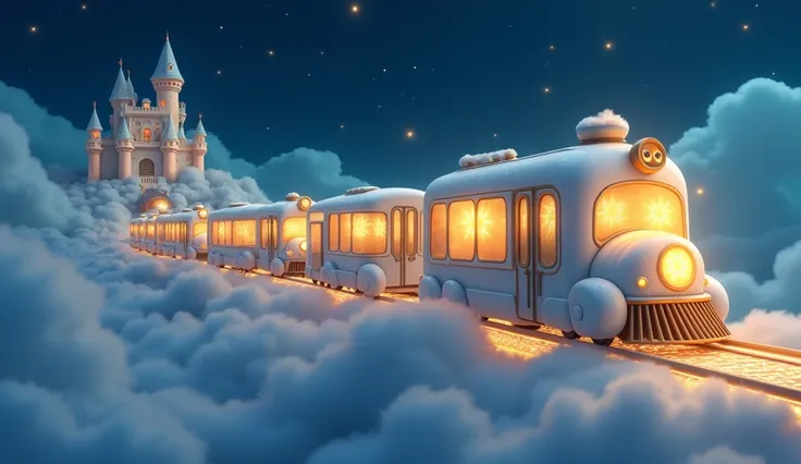 A floating train in cartoon style travels through the night sky on bright light rails. Each car is shaped like a cloud and shines with gold and silver tones. Little stars with big, shiny eyes hang from the ceilings like lanterns. In the background, a cloud...