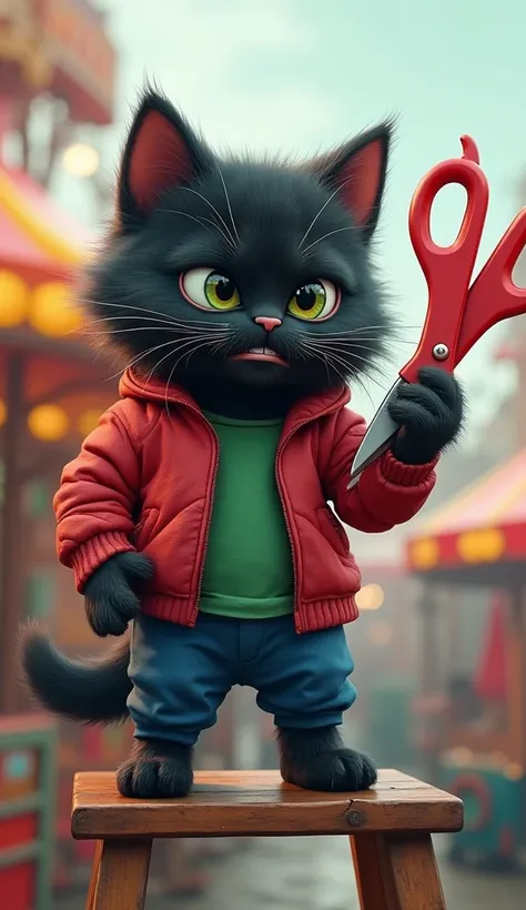 a bushy black furry anthrophomorphic kitten, The eyes are large and sharp with a green tint, displays a serious and slightly sharp expression, wearing a red jacket with a green t-shirt and blue pants, stands to the side with a flat but sharp expressionlook...