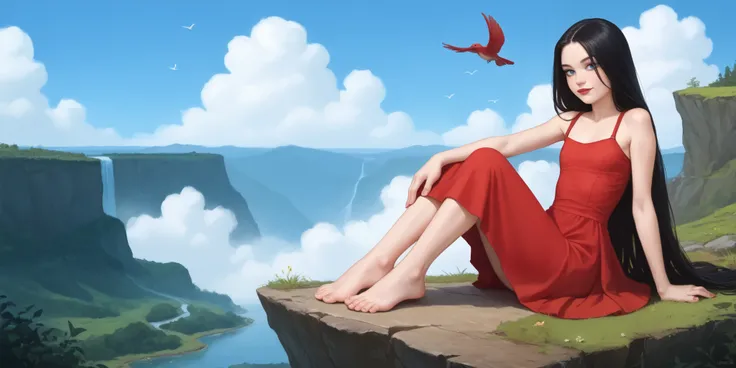 A age girl sitting on a cliff, long red dress , straight black hair, Very long hair, freckles, detailed ribs, flat breasted, Medium and pointed breasts, full body, small bare feet, red lips, eyeliner, smile, waterfall, clouds, blue sky, perfect nails...