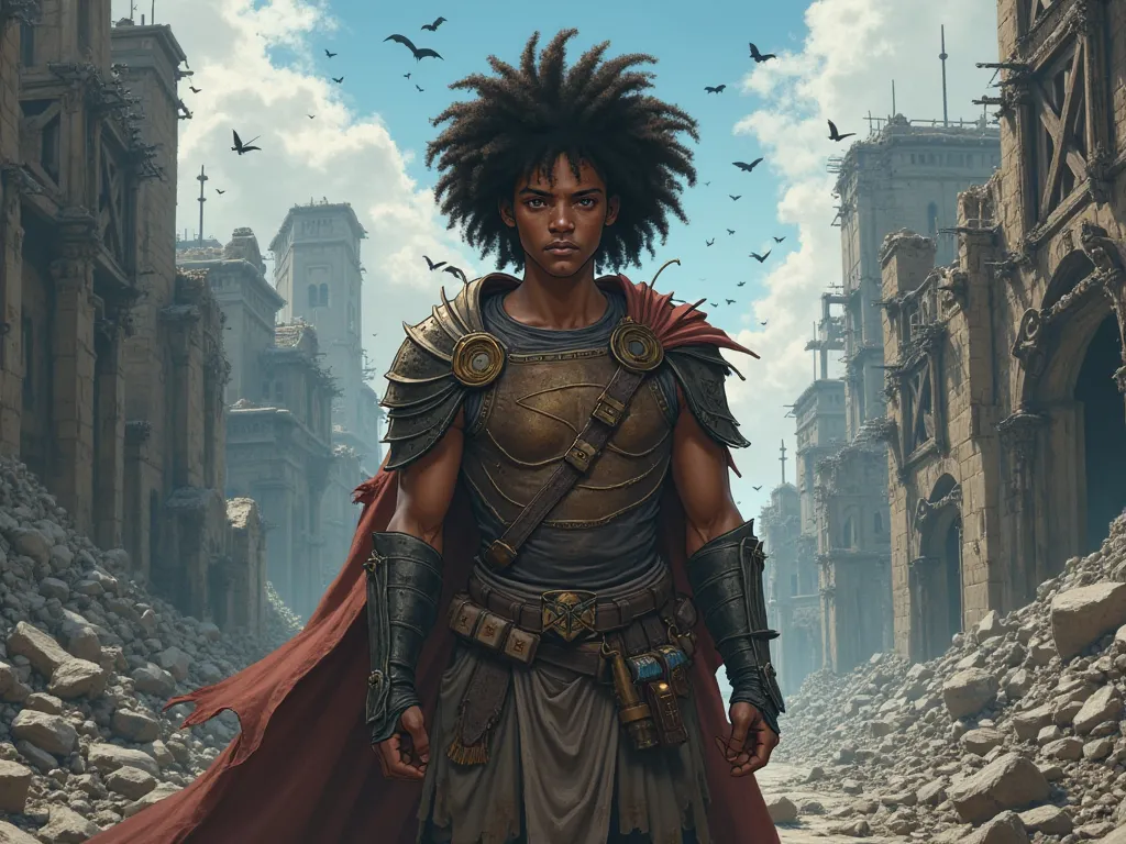 General Afro male face curly hair in a destroyed kingdom realistic medieval anime style 