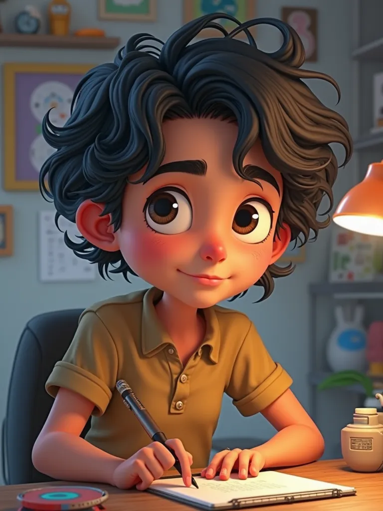 Create a male cartoon character , young woman with wavy hair, dark and very short hair, He's working on a 3D printer. He has a big nose and a big forehead., It weighs around 70 kg, is Brazilian and your name is Ruan, Make the name Ruan clear in the image. 