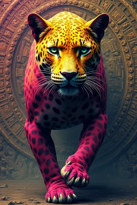 An MRA flag with the colors yellow and pink on the back of the jaguar puts on an Aztec calendar 