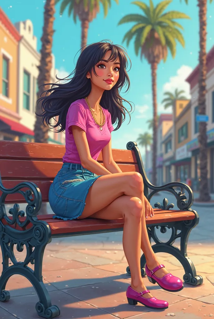 Tip: A very lovely  beautiful Asian American woman being happy alone on a bench in Downtown San Diego in the sun..The illustration is a high definition illustration with 4k resolution., with highly detailed facial features and cartoon style visuals, fuchsi...