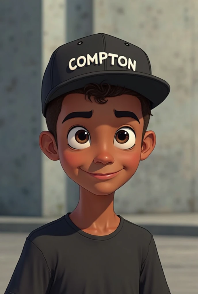 "An animated or caricature-style portrait of a young man with black or brown skin, short hair and thick eyebrows. He is wearing a black baseball cap with the word 'COMPTON' written on the front in white letters. The cap is placed in front. He wears a simpl...