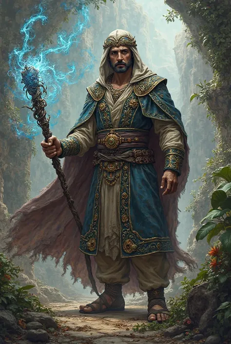 Sorcerer Man, d&d aventureiro, RPG character, medieval clothes, magic wand, Arabic features 