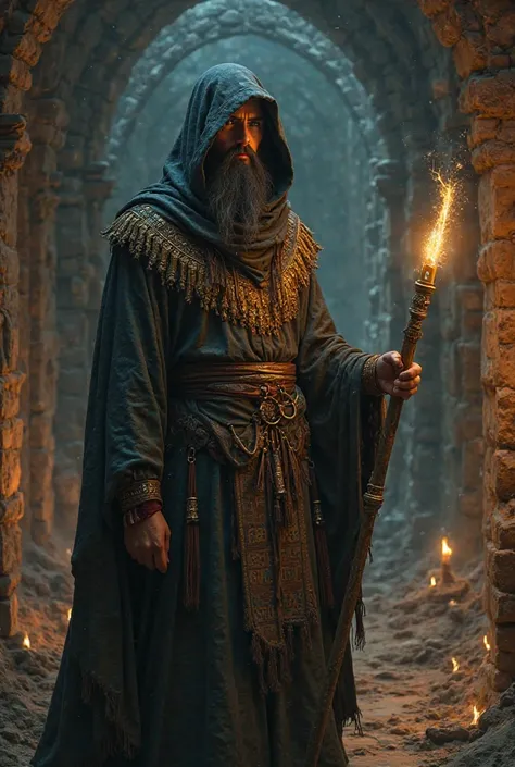 Sorcerer Man, d&d aventureiro, RPG character, medieval clothes, magic wand,  Egyptian features  