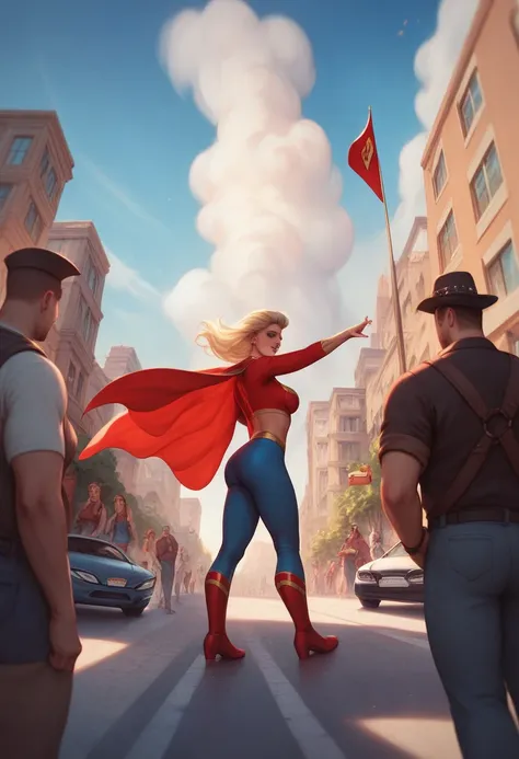 High above the sprawling metropolis, Supergirl glides effortlessly through the crisp azure sky, her bright blue and red costume glistening in the sunlight. The city below pulses with life; cars zip through the streets, people crowd the sidewalks, and the d...