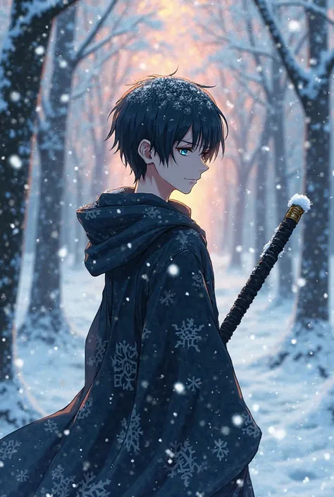 anime, (best quality), ((1 man )) ,  the boy standing still  (A young man ), (in a snow-covered forest at sunrise), ((( Very short black hair ))), ((blue eyes that do not express any feeling)), Japanese clothes,  an open black coat  ((lantern with a snowfl...