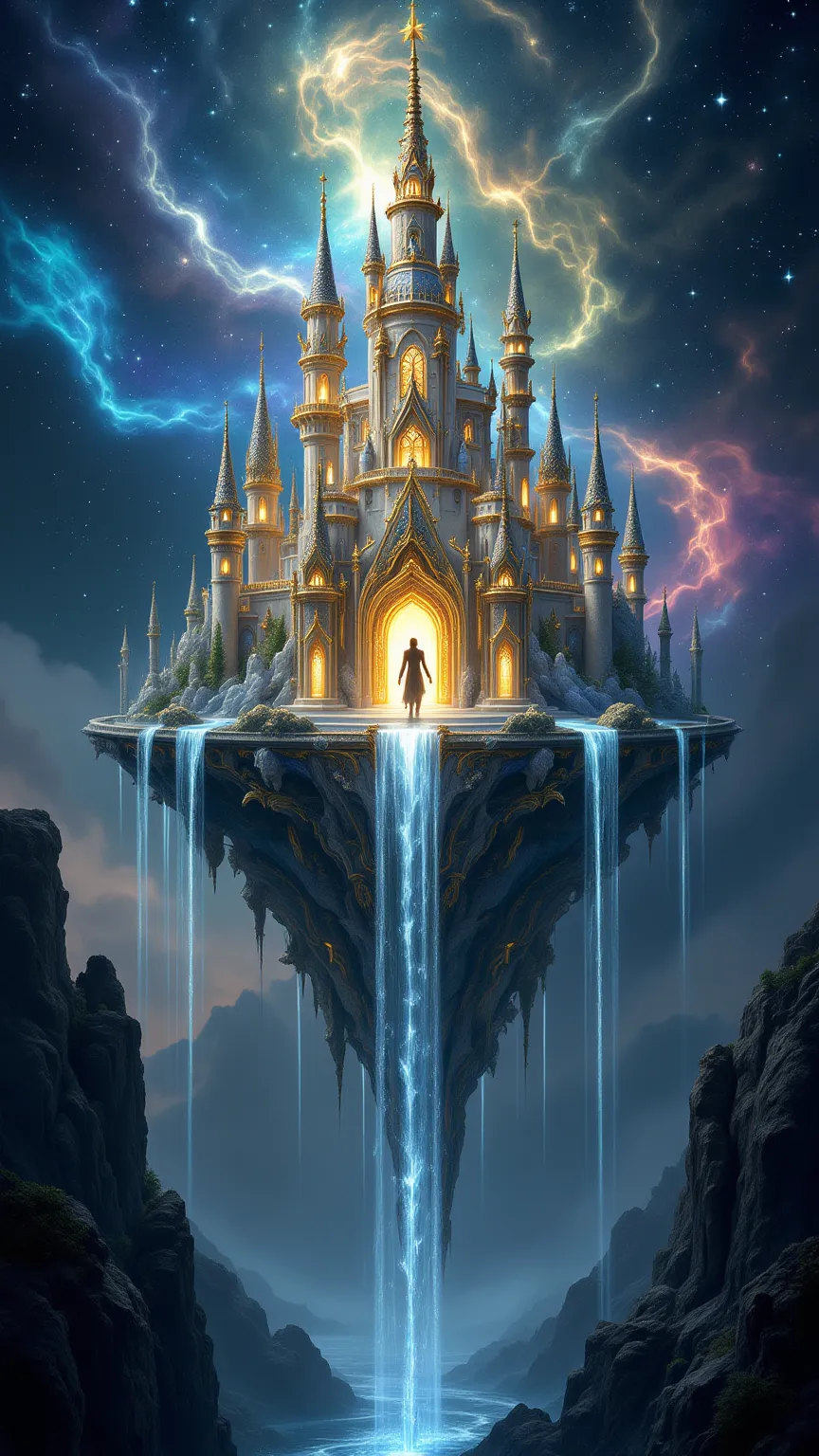 A massive floating castle made of crystal and gold, suspended in the night sky among glowing stars and nebulae. Ethereal waterfalls flow from the edges into the void, and a majestic dragon with shimmering scales guards the entrance