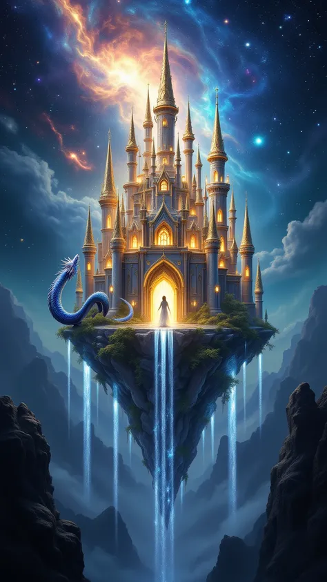 A massive floating castle made of crystal and gold, suspended in the night sky among glowing stars and nebulae. Ethereal waterfalls flow from the edges into the void, and a majestic dragon with shimmering scales guards the entrance