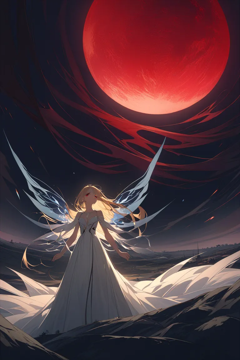 One girl with wings, Beautiful and fine details, Long golden hair, Pale red eyes, Princess Dress, Glowing Skin, floating in the middle of the screen (alone: 1.5), crying, tears floating, nightmarish vibe, silhouette, resolution (Anime Style:1.8)High Contra...