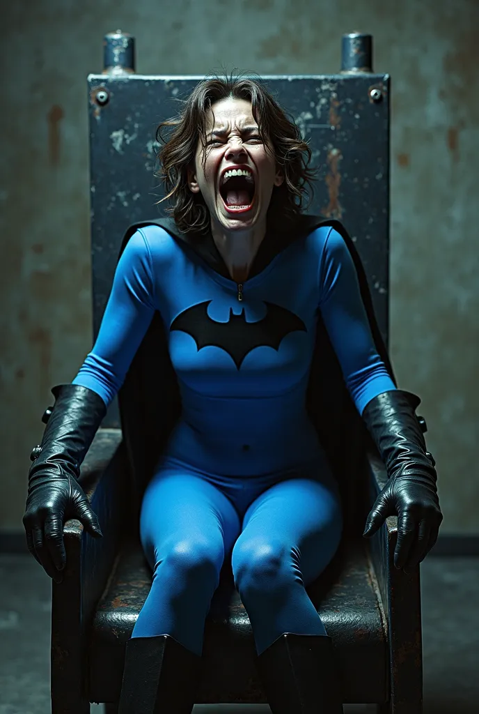 Realistic photo of Batgirl in her early 30s, sitting in an electric chair. She is sitting upright in a blue costume with a black bat symbol, with black gloves and black boots. She is screaming for help, crying. Her arms and elbows are resting firmly on the...