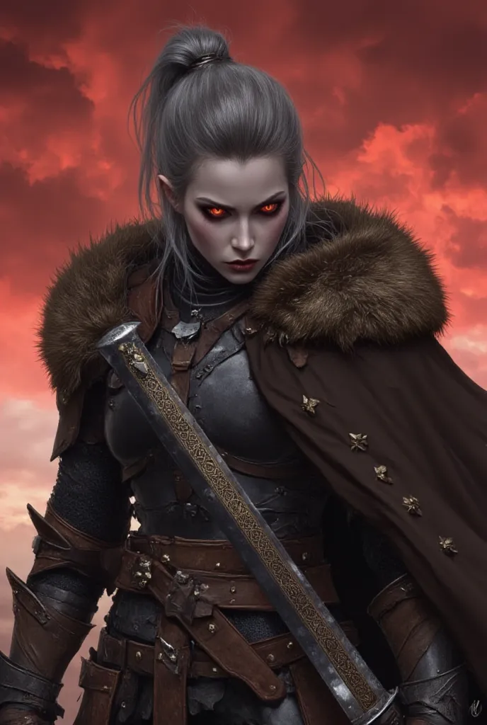 "Realistic portrait of a fierce female warrior, long ash-gray hair tied in a high ponytail with loose strands framing her face, piercing red eyes filled with rage and determination, sharp angular facial features, pale skin with, wearing black armor, a heav...