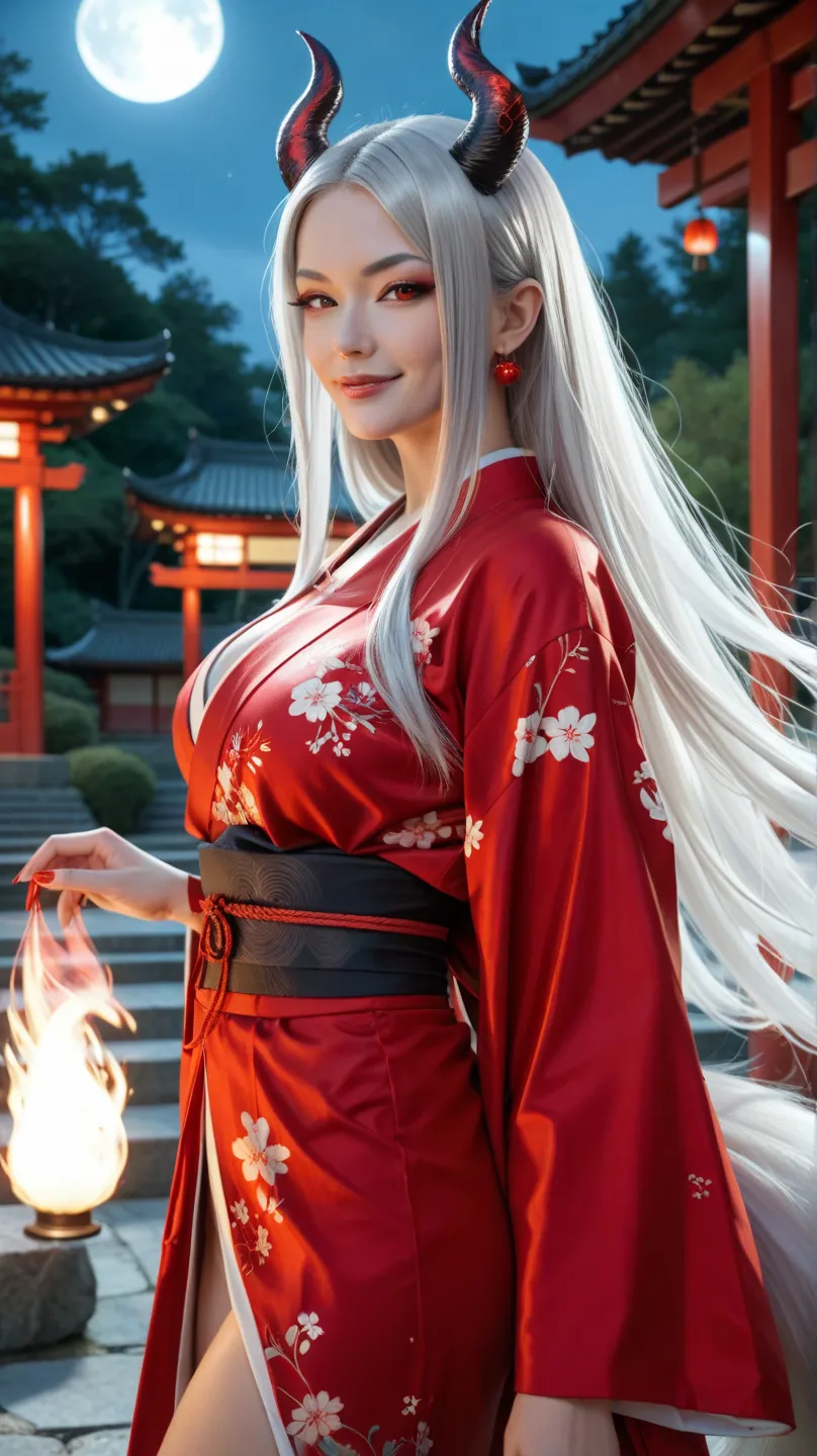 Japanese beautiful woman, kitsune-inspired succubus, small devil horns, fox-like red eyes, white and red kimono, long flowing silver hair, seductive smirk, soft glowing foxfire around her, traditional Japanese temple at night, mystical aura, hyper-realisti...