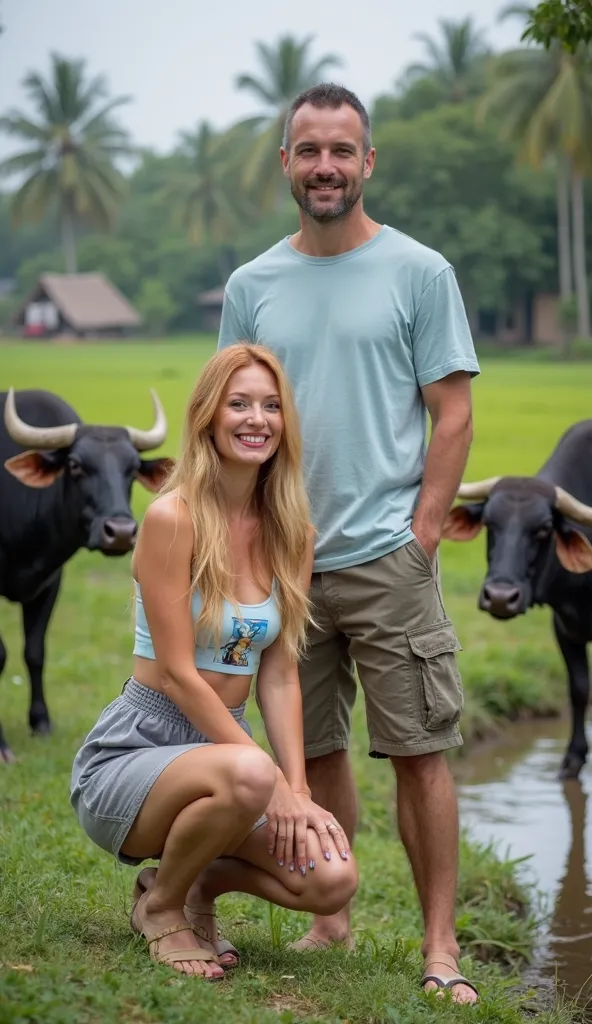 Front view, A middle-aged Russian woman, she a long blonde hair and red lips, possing with thai man, she is squatting on the grass on the edge of a small river, wearing a pastel blue crop top with a picture on her chest and a gray mini skirt and flip-flops...