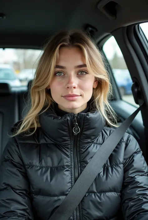 front view: we see a young woman sitting inside a car,  in the driver's seat .  She has fair skin, green eyes and long blond hair, stylized with volume at the top.  Her face displays a calm expression . 

She wears a black quilted coat, typical for cold cl...