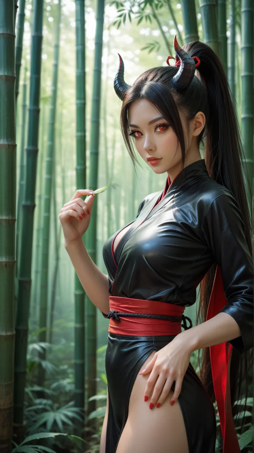 Japanese beautiful woman, ninja succubus, black tight shinobi outfit with revealing design, long ponytail, red eyes, small horns peeking out, kunai in hand, hidden in a bamboo forest under moonlight, mysterious and deadly aura, ultra-detailed