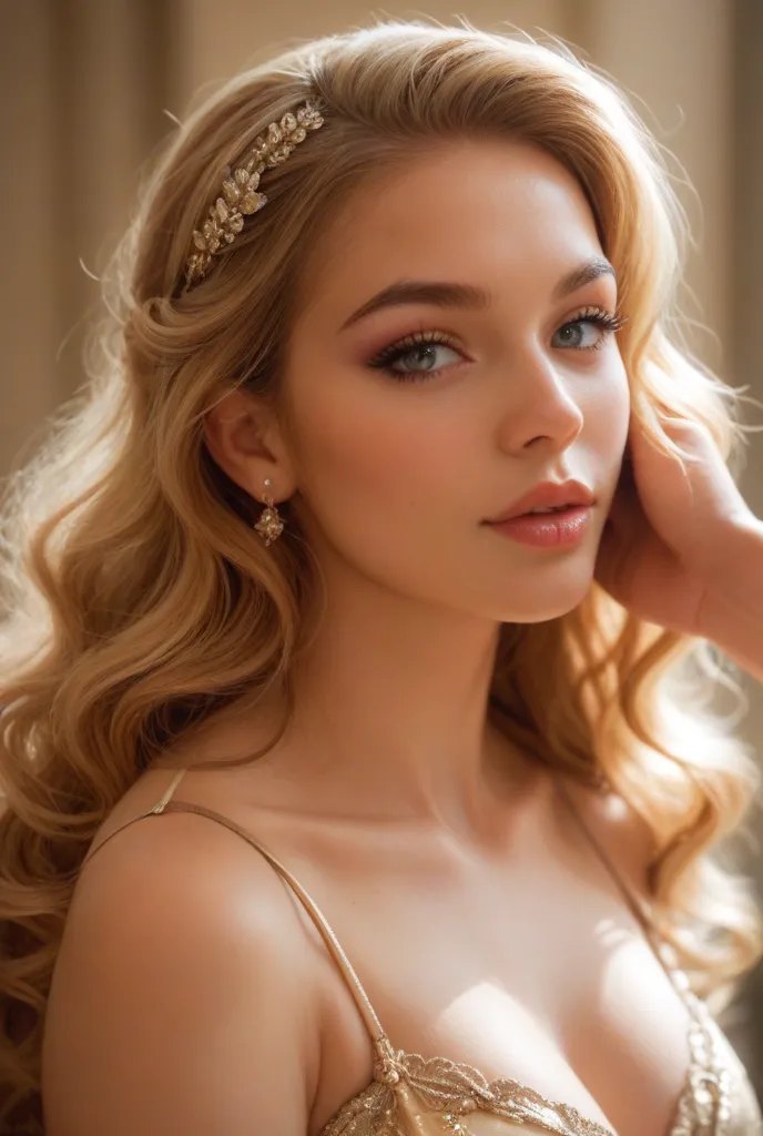 Portrait of a young woman with long wavy hair in shades of golden blonde. She has a confident and soft expression, with clear skin and natural makeup.  Your eyes are well defined , with well-designed eyebrows and slightly shiny lips. She wears a delicate p...