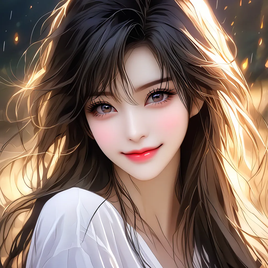 ultra high definition, Very high image quality , dark eyes,  beautiful dark eyes,  very beautiful face , pretty face, very delicate face, Solitary ,  long hair, shirt, white shirt, smile,  bangs, Upper body, black hair, Keep your mouth shut、 1 girl, 