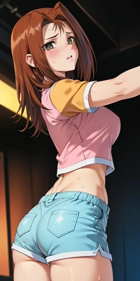   1 female, high definition, high resolution,    ultra-realistic    ,8K,serenidaddm  ,   gray eyes, long hair,  brown hair,     pink shirt  ,  blue shorts,European,sexy, foreground of the upper torso,   photographed from the front  ,  Dynamic Angles  ,blus...