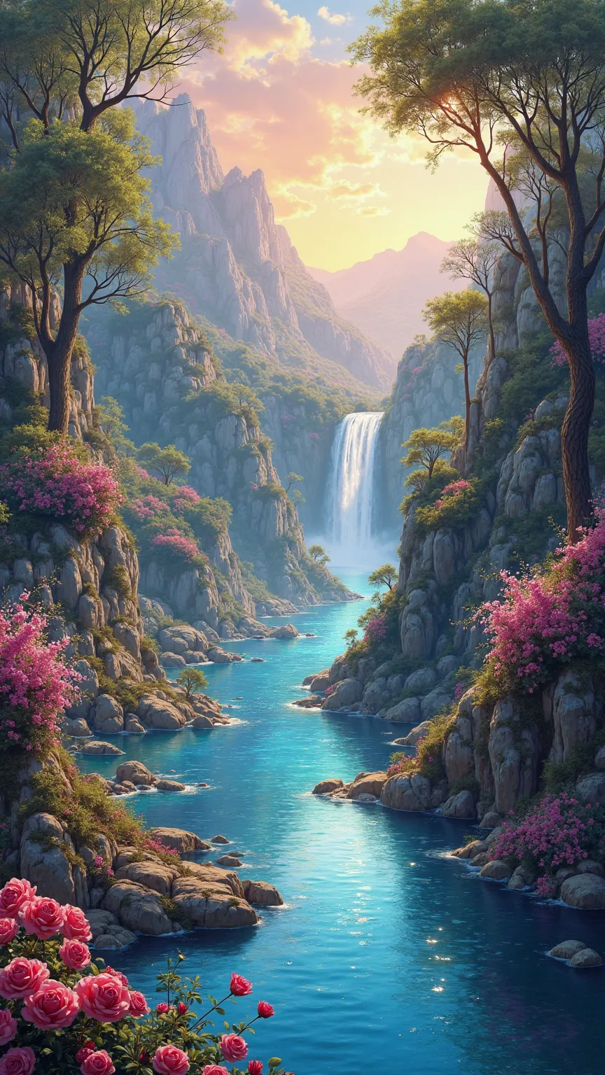 Fantastic - Painting Style Waterfall Soft   painting style  Brightly colored Bright light a wonderful heavenly garden, rainbow reflected on a splendid river valley of eden sea a wonderful valley,Asahi, river,  Rose,Clear water, Beautiful atmosphere, dream ...