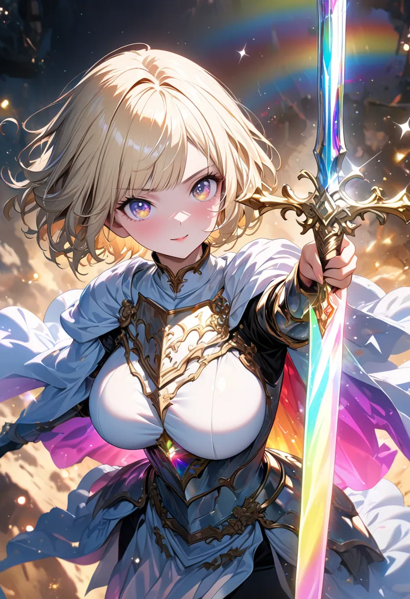 ((aiming a rainbow-colored sword with transparent and translucent shine in the right hand, held at above, in combat, dynamic))), ((beautiful and cute European woman, knight, western-style heavy plate armor, blonde, short hair, big breasts, delicate and dyn...