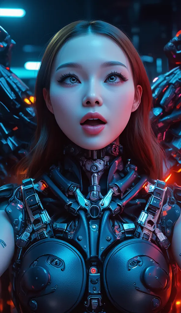 of the highest quality, masutepiece, Ultra High Resolution, ((Photorealistic: 1.4), Raw photo, 1 Cyberpunk Girl, Glossy skin, 1 Mechanical Girl, (super realistic details)), Mechanical limbs, Tubes connected to mechanical parts, Mechanical vertebrae attache...