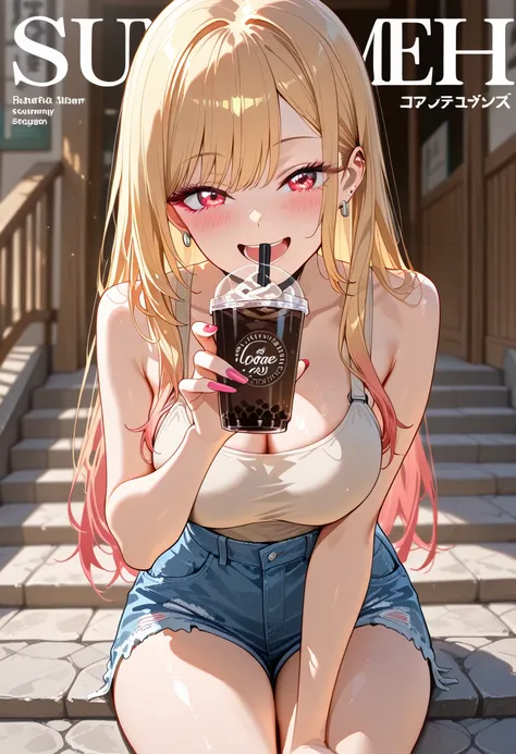 Marin Kitagawa, long hair, blonde hair, light pink ombre hair, red eyes, big eyes, laughing, looking at viewer, stylish summer look, fitted beige tank top with high-waisted denim shorts, sitting on a stone staircase, holding an iced coffee with condensatio...