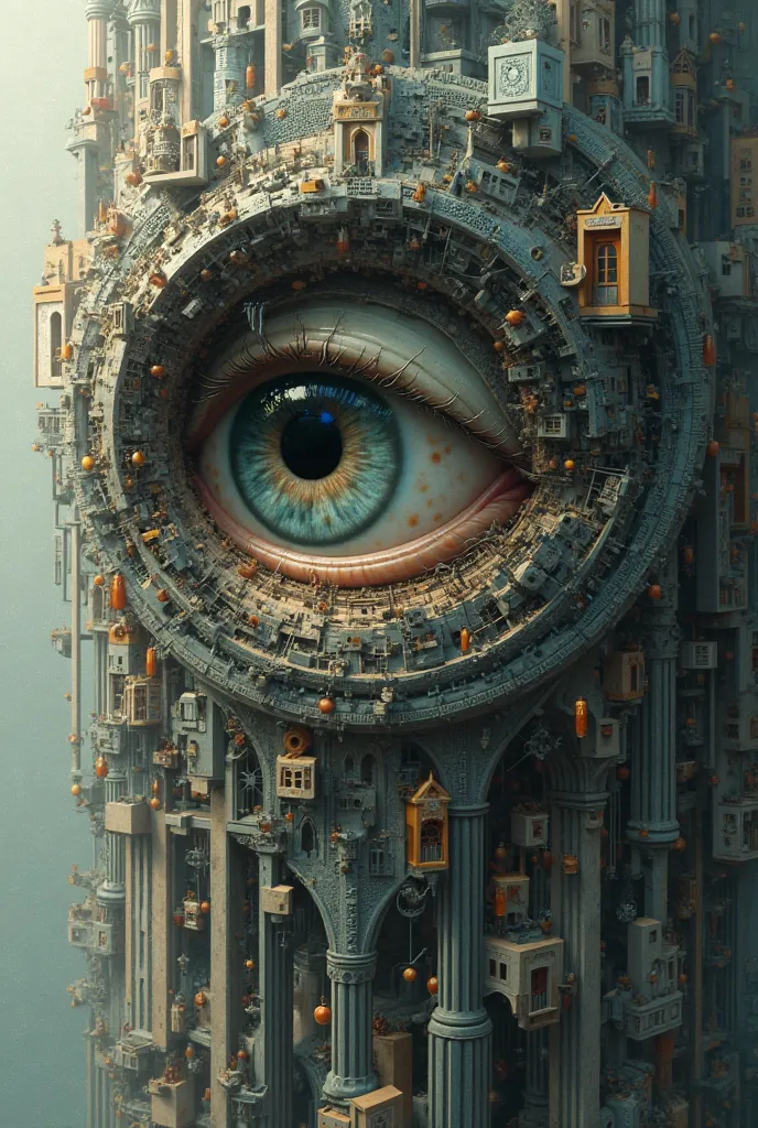 make a surrealist abstraction of the eye combined with architecture