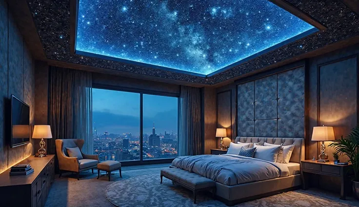 A luxurious bedroom with a stunning starry night sky ceiling, where deep blue hues and shimmering constellations create an immersive celestial experience. The room is bathed in a soft, ambient glow, with elegant furnishings and a large window revealing a s...