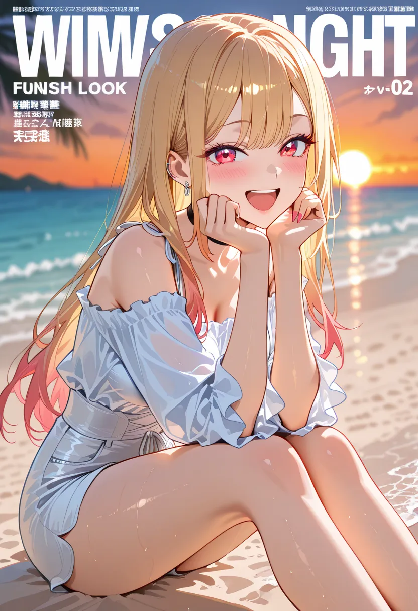 Marin Kitagawa, long hair, blonde hair, light pink ombre hair, red eyes, big eyes, laughing, looking at viewer, stylish summer look, light peach off-shoulder blouse with high-waisted white linen shorts, sitting on the sand, stretching her legs out in front...