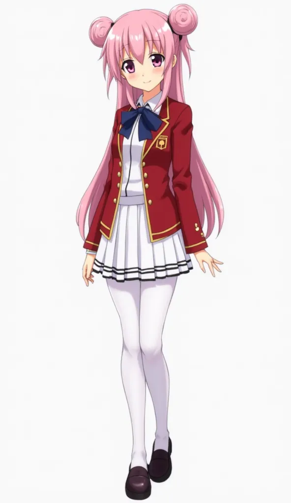 Japanese anime adolescent woman with long smooth dark pastel pink hair with two pigtails and short locks and intense magenta eyes and wears a school uniform consisting of a red blazer with gold trim, a white shirt with a dark blue bow, a short white skirt ...