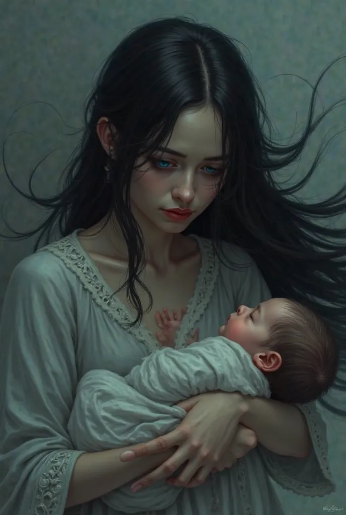 A girl with long black hair and blue eyes is holding a baby and sadness is visible on her face