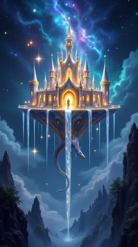 A massive floating castle made of crystal and gold, suspended in the night sky among glowing stars and nebulae. Ethereal waterfalls flow from the edges into the void, and a majestic dragon with shimmering scales guards the entrance