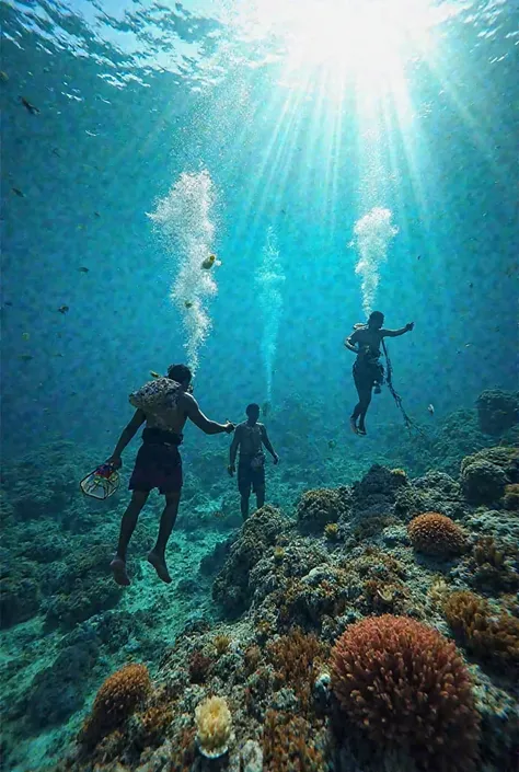 Please help me to recreate some images and here I give you some ideas
 1.	Bajau collecting seafood on a coral reef:
Imagine an underwater scene where several divers Bajau, dressed in traditional clothing, they move swiftly among colorful corals. Some carry...