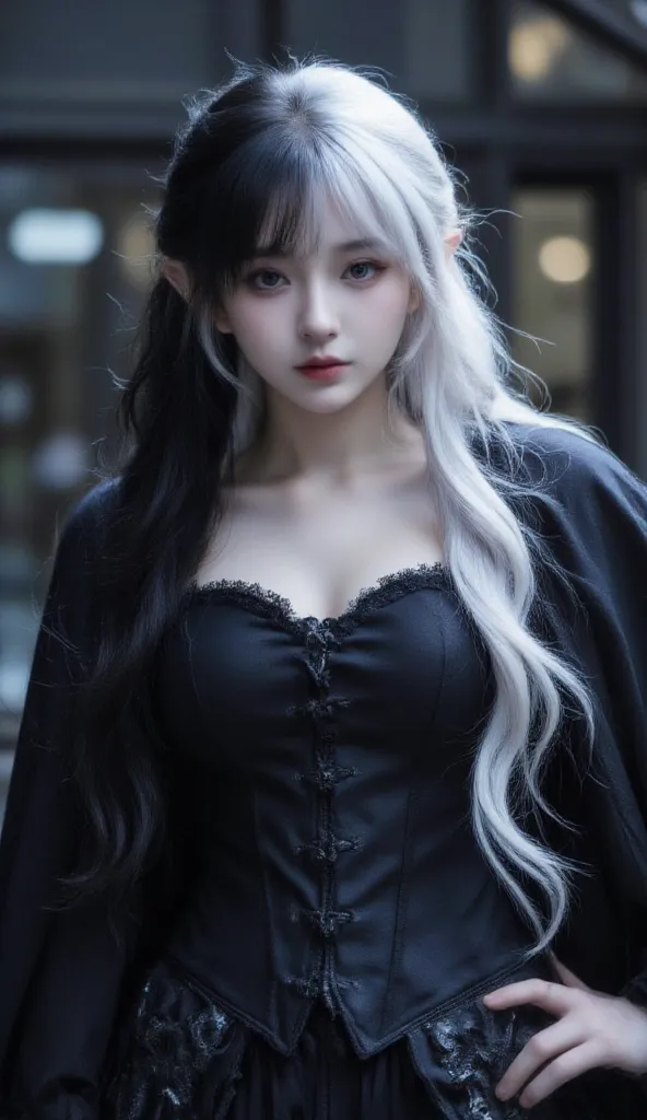 A mysterious Elf with an enigmatic and penetrating eye.  Her eyes are vibrant , blending shades of blue and green. Her hair is split in half,  half black and half white , falling out fluidly and elegantly. She wears a detailed medieval Gothic costume, with...