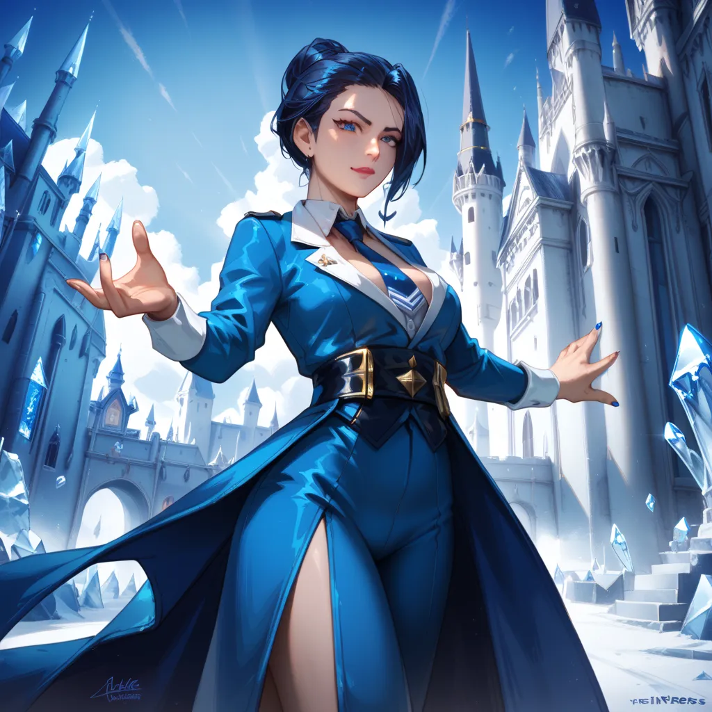 Create an image of a badass Mayor Female Ninja character named Frost with ice powers and blue hair and blue suit in a beautiful blue Castle Posing as a Mayor 
