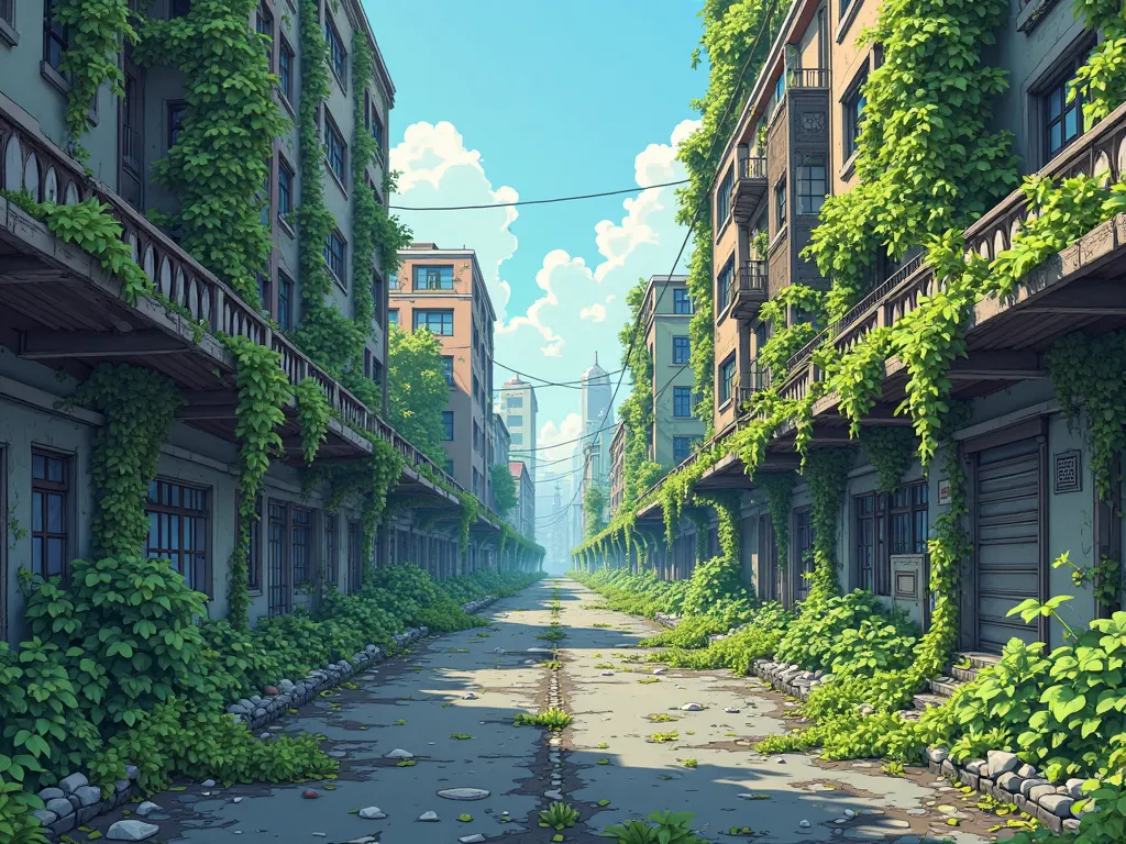 Cartoon scenario, Post zombie apocalypse, Forest on asphalt,  abandoned buildings, empty city, Landscape only, deserted city,  vegetation . abandonment