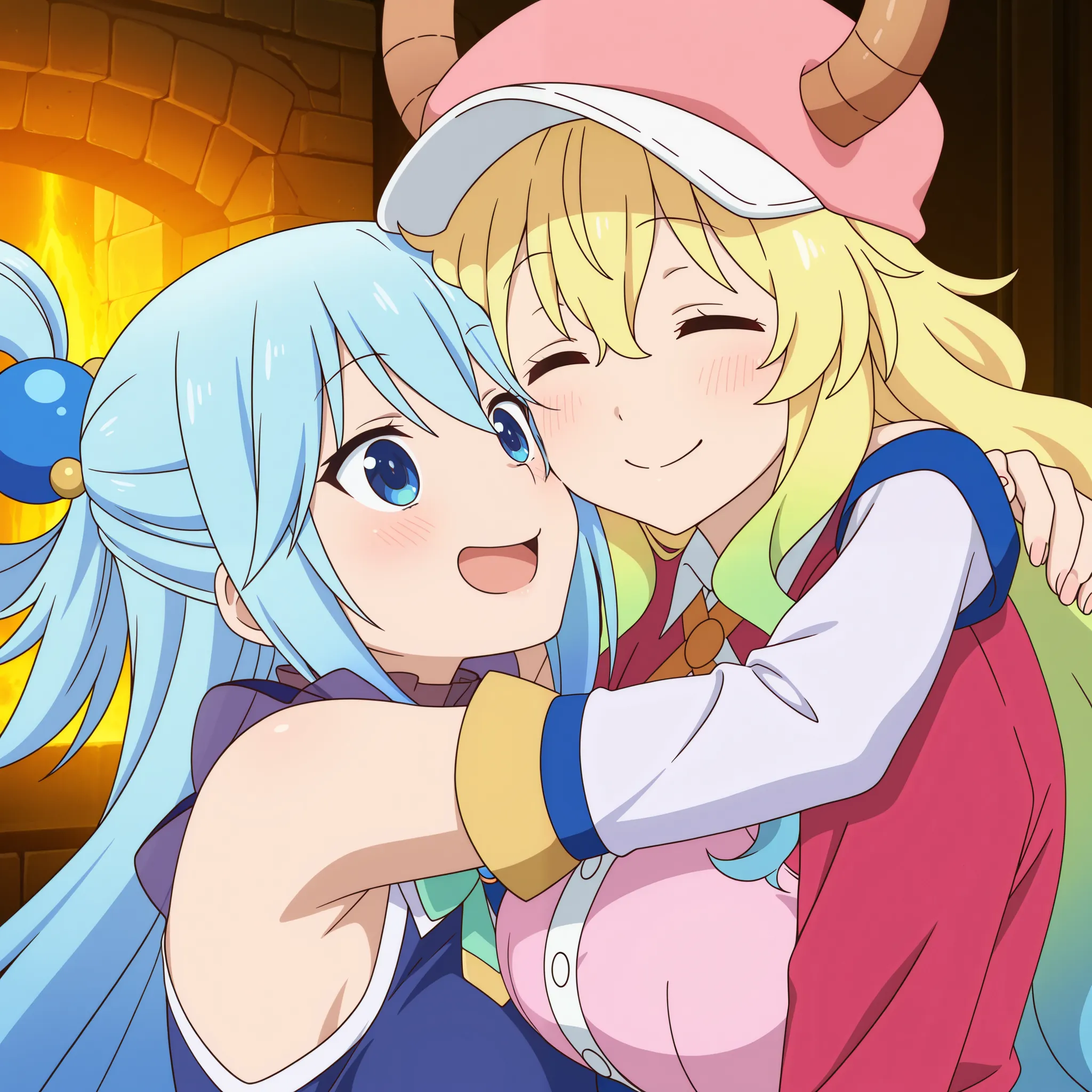 masterpiece, best quality, amazing quality, Anime Screencap. BREAK. 2girls, 
lucoa (kobayashi-san chi no maid dragon), aqua (konosuba), 
long blonde hair, gradient hair (blonde to green), large breasts, blue hair, blue eyes, dragon horns, hat, fantasy outf...