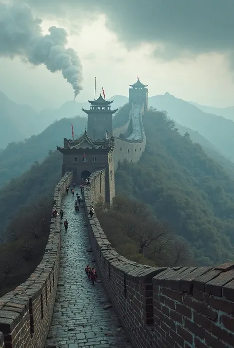 "A section of the Great Wall in the Ming Dynasty, fully built and fortified. Soldiers in traditional Chinese armor patrol the watchtowers, looking out for invaders. Smoke signals rise from the beacon towers, warning of an approaching enemy. The atmosphere ...