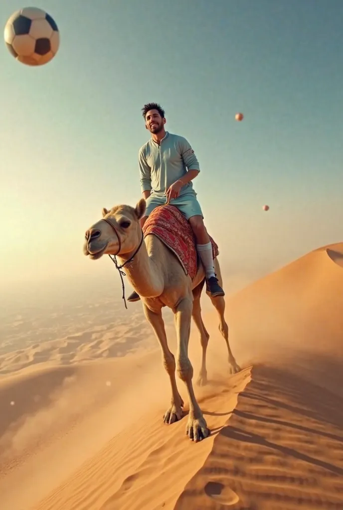 Messi was flying in a plane over the vast desert of Saudi Arabia. As he looked out the window, he noticed something extraordinary down below. There, riding through the desert on a camel, was none other than Cristiano Ronaldo. He was making his way through ...