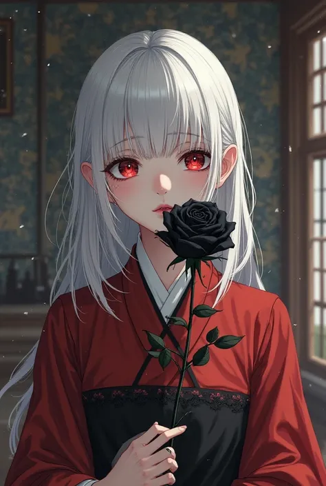 creates a girl of about , platinum white hair slightly over her shoulders, bloodshot eyes, cold facial expression, and wearing a red-black dress like the noble ladies. The right hand is holding a sharp black rose, its black color is mysterious and seems to...