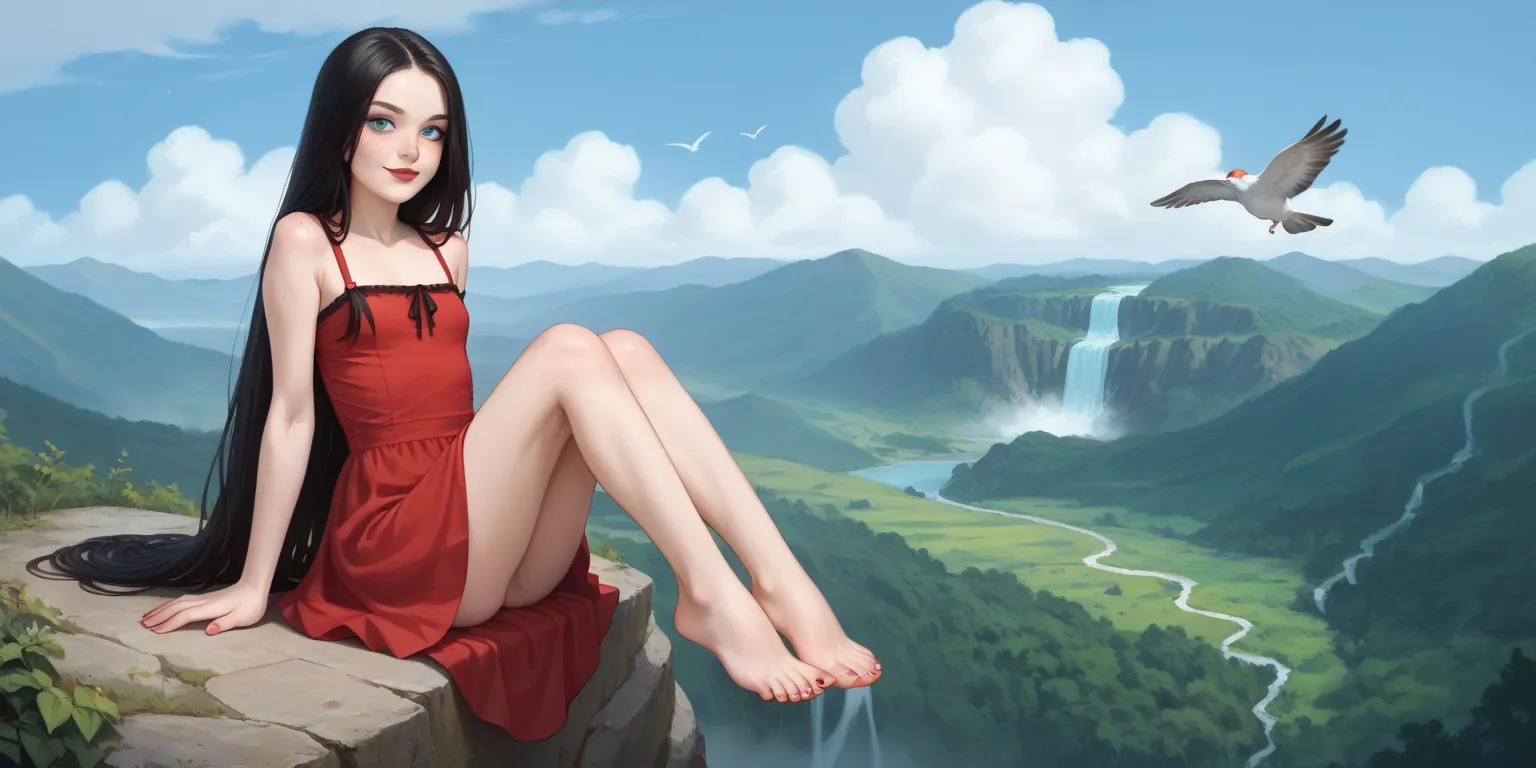 A age girl sitting on a cliff,  long red dress , straight black hair,  Very long hair, freckles, detailed ribs,  flat breasted,  Medium and pointed breasts, full body, small bare feet, red lips, eyeliner,  smile, waterfall, clouds,  blue sky, perfect nails...