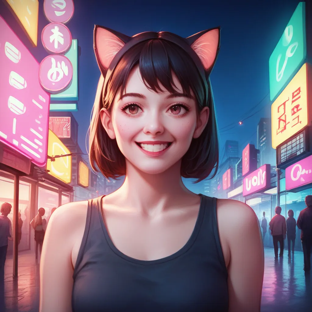 source_anime, score_9, score_8_up, score_7_up, 1girl, cat ears, shirt, shorts, city background, smile